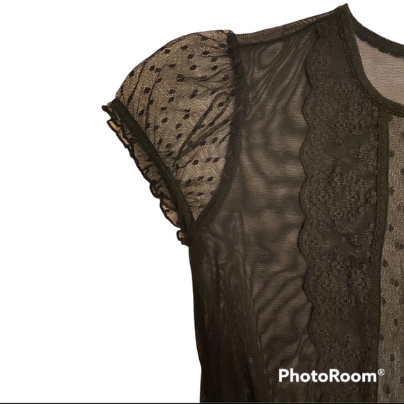 RARE SEXY VINTAGE SHEER BLACK TOP W LACE, CAP SLEEVES CINCHED WAIST BLOUSE - Picture 3 of 11